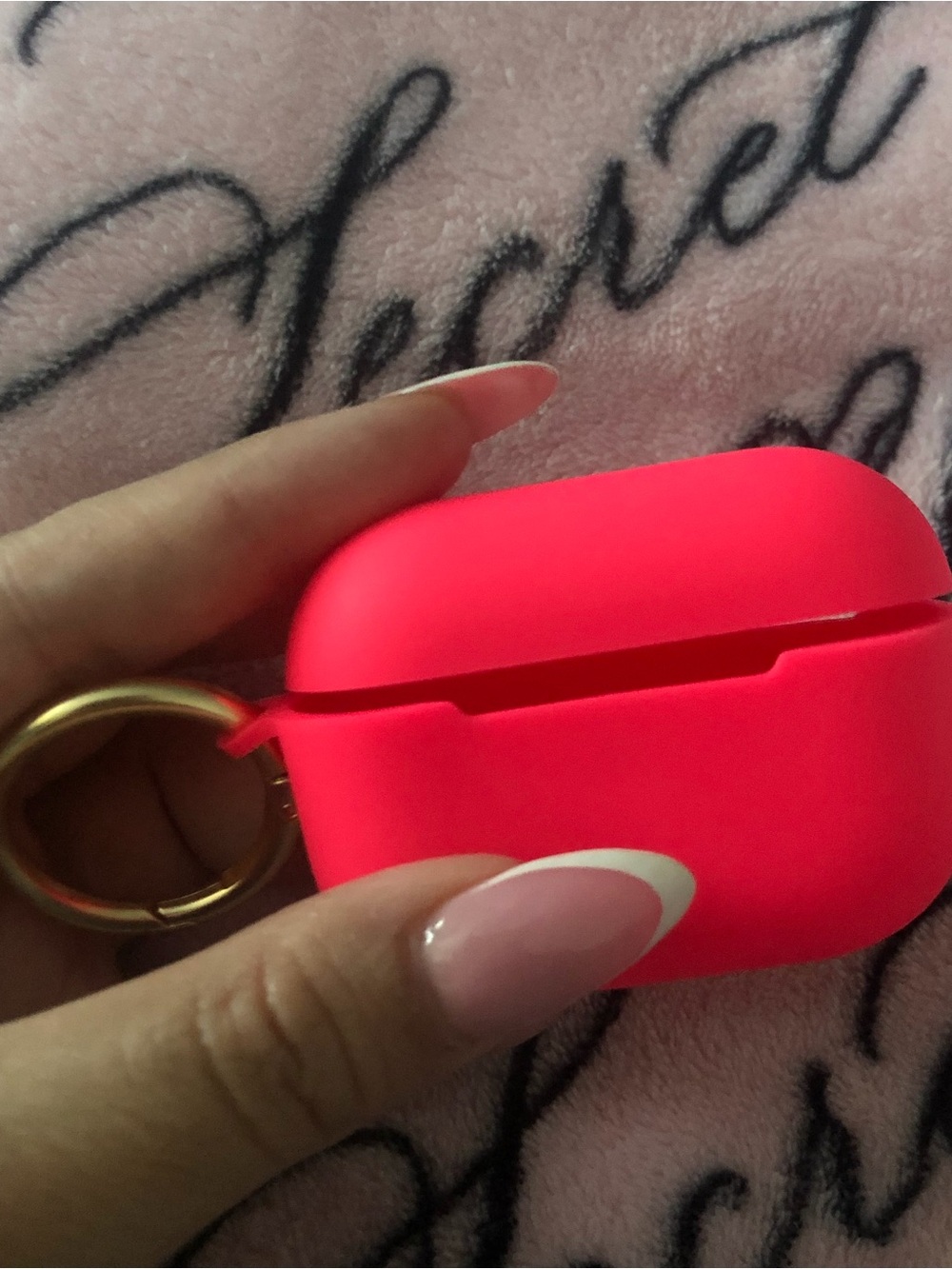 Neon Pink Silicone AirPods Case with Gold Keyring